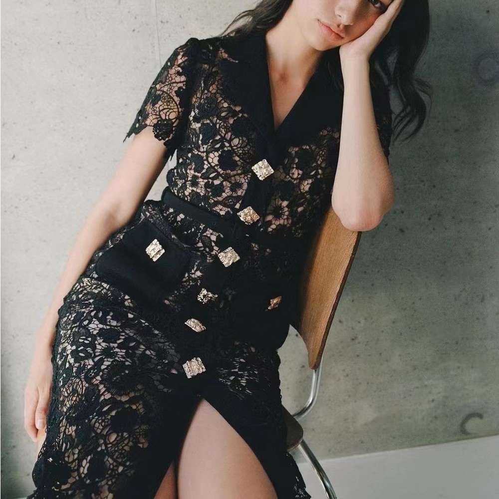 self portrait black magnolia lace midi dress